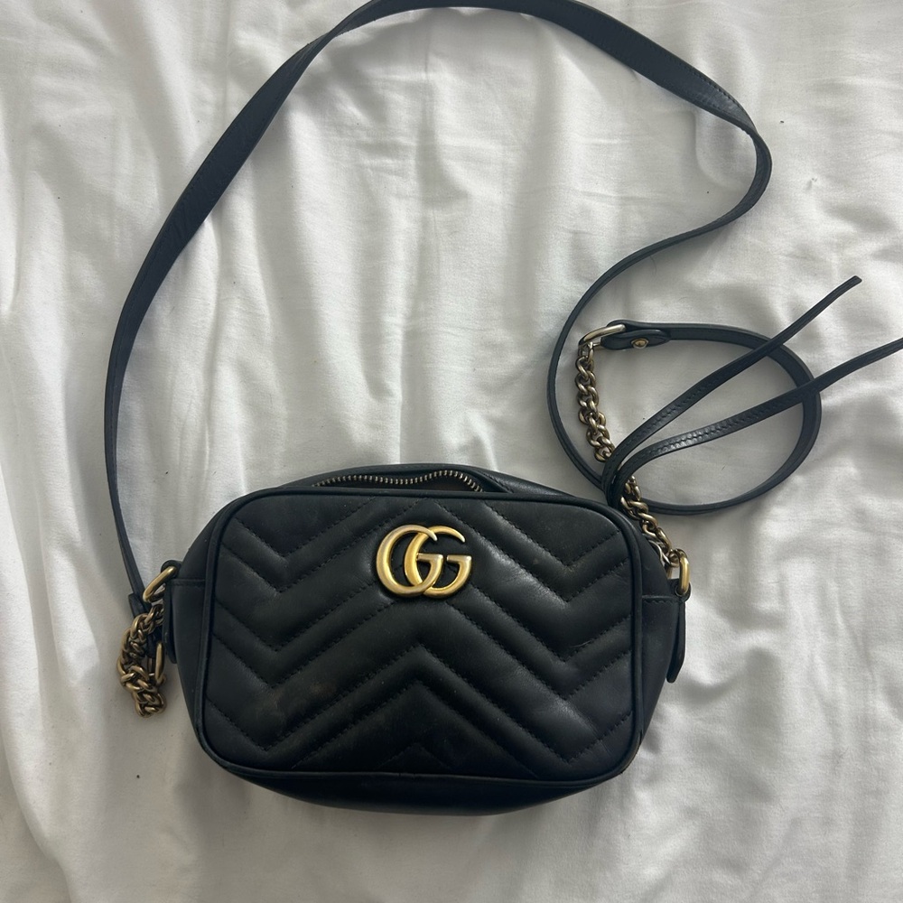 Gucci Black Chevron Crossbody Bag with Gold Logo